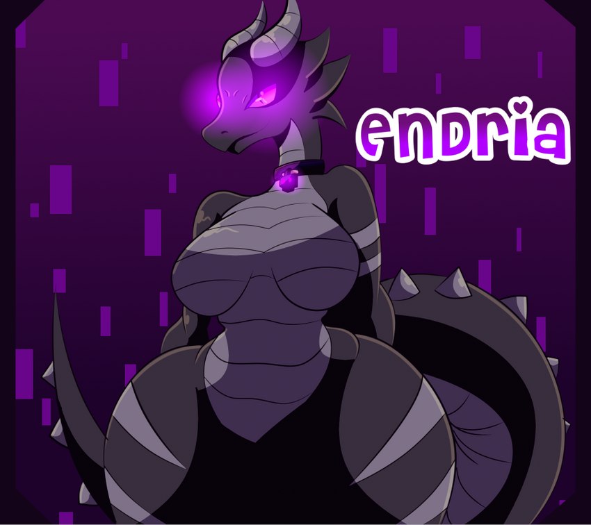 anthro big_breasts black_body breasts choker female glowing glowing_eyes glowing_jewelry glowing_necklace horn jewelry markings necklace nude purple_background purple_eyes scales simple_background smile solo spiked_tail spikes spikes_(anatomy) standing tail text thick_thighs wide_hips wings salazzie microsoft minecraft mojang mythology xbox_game_studios endria_(salazzie) dragon ender_dragon mythological_creature mythological_scalie scalie character_name digital_media_(artwork)