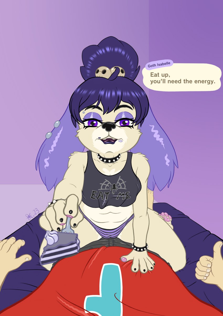 alternative_fashion anthro bed cake clothed clothing collar dessert duo feeding female female_on_human female_on_top first_person_view food fur furniture goth hair human_on_anthro interspecies male male/female male_human male_on_anthro male_pov on_bed on_top panties purple_eyes purple_hair spiked_collar spikes text underwear white_body white_fur unknown_artist animal_crossing nintendo gothabelle isabelle_(animal_crossing) villager_(animal_crossing) canid canine canis domestic_dog human mammal hi_res