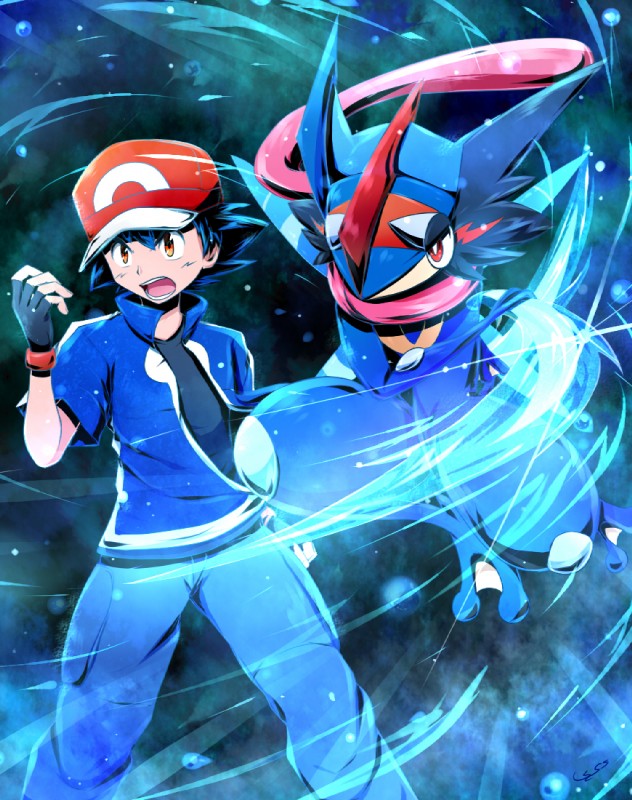 abstract_background ambiguous_gender anthro duo male pokemon_move tongue tongue_out water_shuriken 遊_(artist) nintendo pokemon ash-greninja ash_ketchum pokemon_trainer generation_6_pokemon greninja human mammal pokemon_(species)