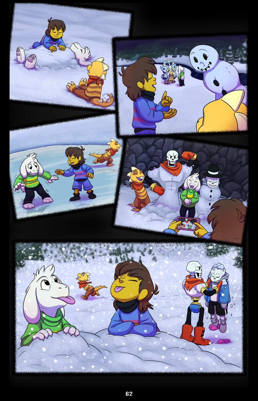 bone boots bottomwear clothing footwear kerchief neckerchief neckwear pattern_clothing pattern_sweater pattern_topwear shoes shorts skeleton slippers snow snowman striped_clothing striped_sweater striped_topwear stripes sweater tongue tongue_out topwear absolutedream undertale undertale_(series) asriel_dreemurr frisk_(undertale) monster_kid papyrus_(undertale) sans_(undertale) snowdrake animated_skeleton boss_monster_(undertale) bovid caprine human lizard mammal reptile scalie undead absurd_res comic hi_res