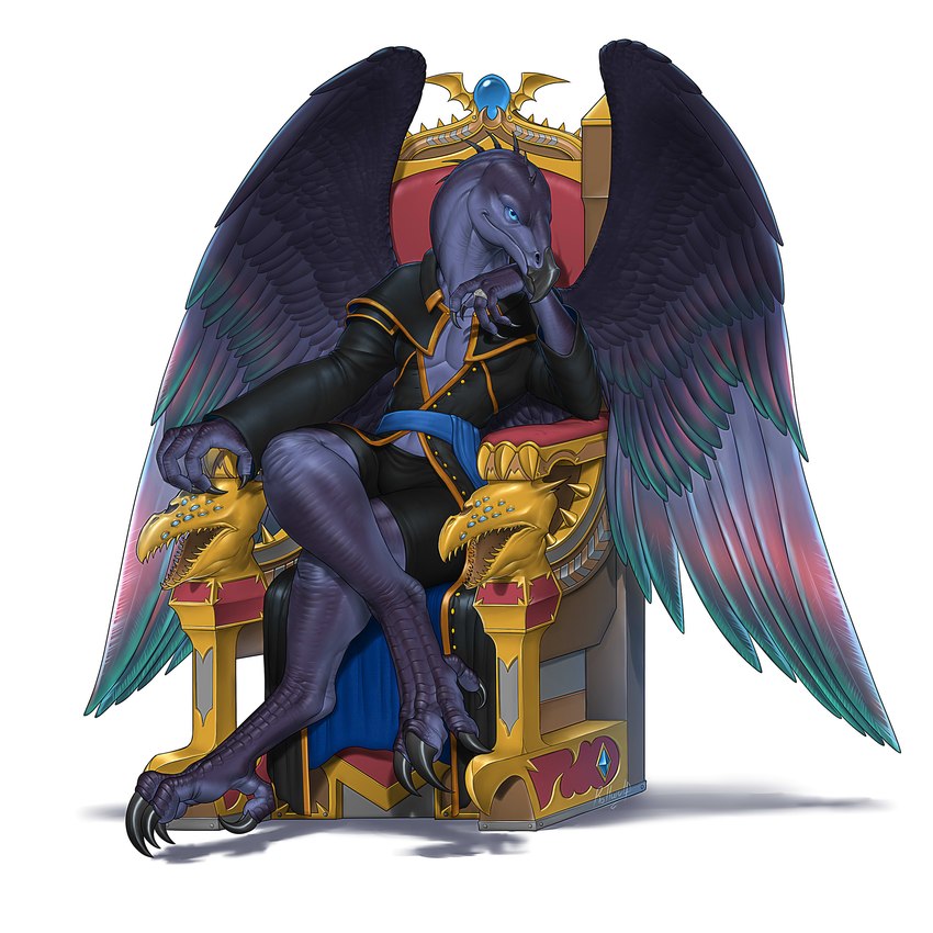 ambiguous_gender anthro barefoot beak black_beak black_claws blue_eyes chair claws clothing crossed_legs feathered_wings feathers feet furniture looking_at_viewer purple_body ring sitting solo talons toe_claws toes wings rollwulf warhammer_(franchise) avian chaos_daemon daemon_of_tzeentch lord_of_change 1:1 2017 absurd_res colored digital_media_(artwork) hi_res shaded