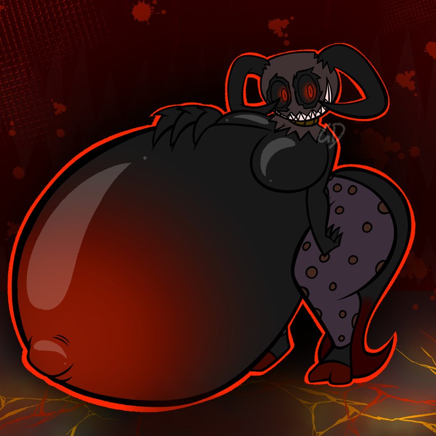 belly belly_blush belly_grab belly_squish big_belly big_breasts black_body black_horn black_tail blush body_blush bottomwear breasts claws clothing creepy_smile dipstick_tail female glowing glowing_eyes hand_on_belly hand_on_own_belly hooves horn huge_belly hyper hyper_belly hyper_navel hyper_pregnancy leggings legwear markings navel not_furry outie_navel outline polka_dot_bottomwear polka_dot_clothing pregnant purple_bottomwear purple_clothing purple_leggings purple_legwear red_background red_eyes red_hooves red_outline red_tail_tip sharp_teeth simple_background smile solo squish tail tail_markings teeth gl4zedd0nuts mave_(reathe) demon humanoid 1:1 2024 colored digital_media_(artwork) hi_res signature