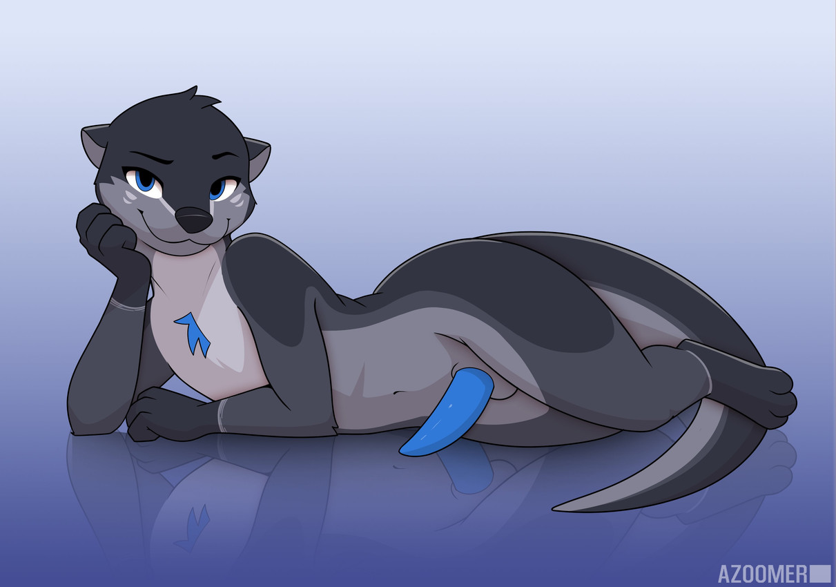 3_toes anthro black_eyebrows black_nose blue_body blue_eyes blue_fur blue_penis blue_tuft closed_smile erection eyebrows feet fur genitals gradient_background grey_body grey_fur looking_at_viewer lying male mouth_closed multicolored_body multicolored_fur navel nude nude_anthro nude_male on_side penis raised_eyebrow reflection reflective_floor simple_background smile solo tail text toes tuft azoomer mammal mustelid otter 2025 absurd_res artist_name hi_res
