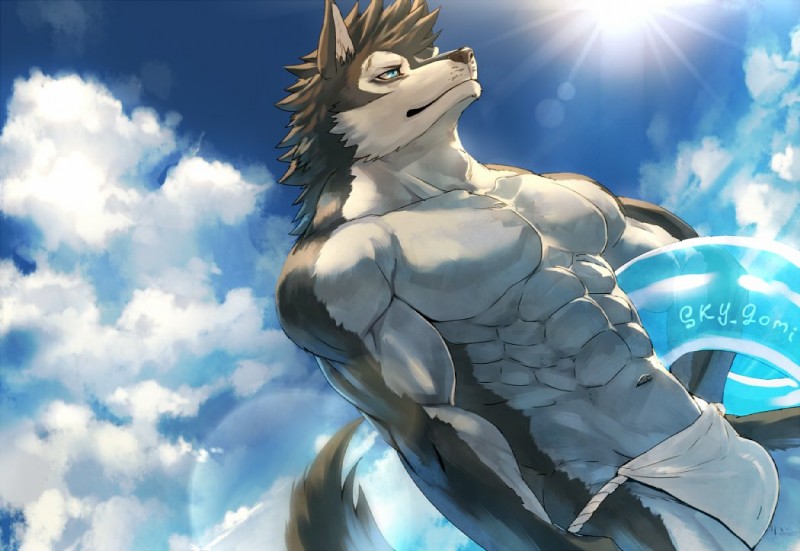 abs anthro biceps black_nose clothing fur male muscular muscular_anthro muscular_male pecs solo sky_gomi canid canine canis mammal wolf 2019 digital_media_(artwork)