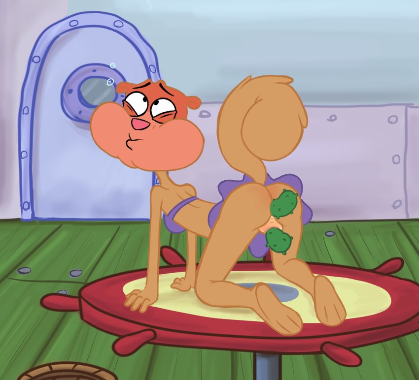 all_fours anal anal_penetration anus asphyxiation blush bottomless butt clothed clothing drowning female food genitals holding_breath nude penetration pickle_(food) pussy raised_tail tail vaginal vaginal_penetration lostmercy nickelodeon spongebob_squarepants sandy_cheeks mammal rodent sciurid tree_squirrel