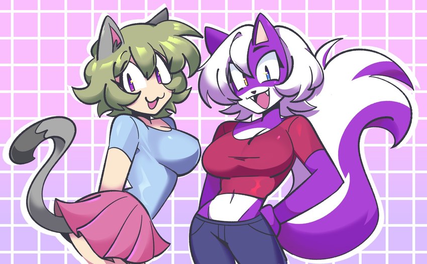 anthro big_breasts big_tail blue_eyes bottomwear breasts clothing fangs female fur green_hair grey_body grey_fur hair heterochromia purple_body purple_eyes purple_fur skirt tail teeth white_body white_fur yellow_eyes applejoople mike_and_melissa nyan_neko_sugar_girls melissa_mouffette raku-chan animal_humanoid felid feline humanoid mammal mephitid skunk hi_res