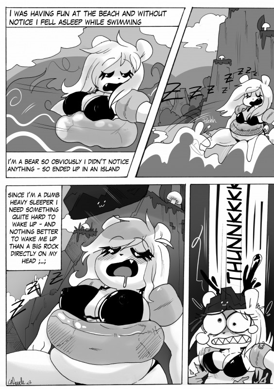 :3 bikini bodily_fluids breasts clothing drooling erect_nipples female humor inflatable inner_tube island nipples rock saliva saliva_string sea sleeping slightly_chubby swimwear tears text two-piece_swimsuit water la-frugele nattybear pops bear mammal absurd_res comic english_text hi_res monochrome