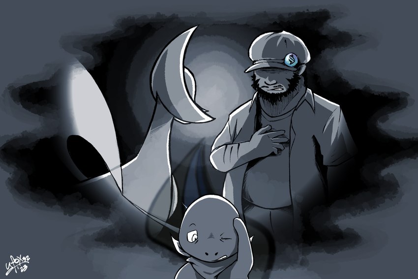 ambiguous_gender before_and_after clothed clothing duo evolutionary_stone facial_hair feral fog foggy_background hand_on_chest hand_on_head hat headgear headwear male mega_stone memory one_eye_closed scratches wounded yell0w_f0x nintendo pokemon pokemon_mystery_dungeon spike_chunsoft charmander cresselia generation_1_pokemon generation_4_pokemon human legendary_pokemon mammal pokemon_(species) hi_res monochrome