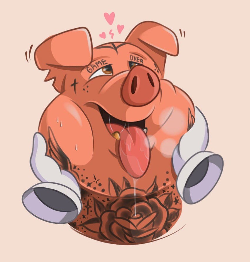 anthro bodily_fluids disembodied_hand disembodied_head duo heart_symbol male open_mouth overweight rubbing_cheek saliva saliva_on_tongue saliva_string simple_background solo_focus sweat tattoo teeth tongue tongue_out gully teddy_(gully) domestic_pig mammal suid suina sus_(pig) 2021