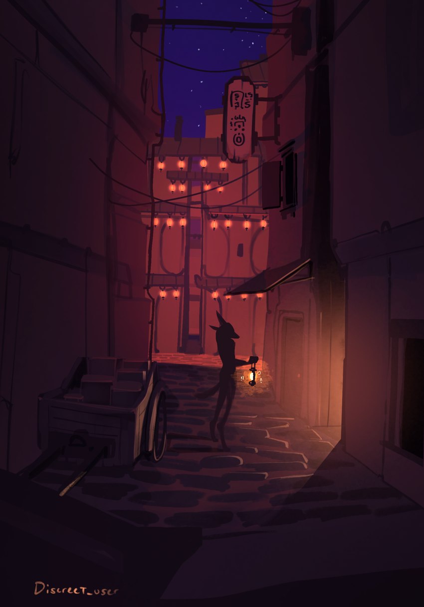 alley ambiguous_gender anthro biped city detailed_background digitigrade holding_lantern holding_object lamp lantern night outside silhouette solo standing street discreet_user canid canine mammal 2023 digital_media_(artwork) hi_res