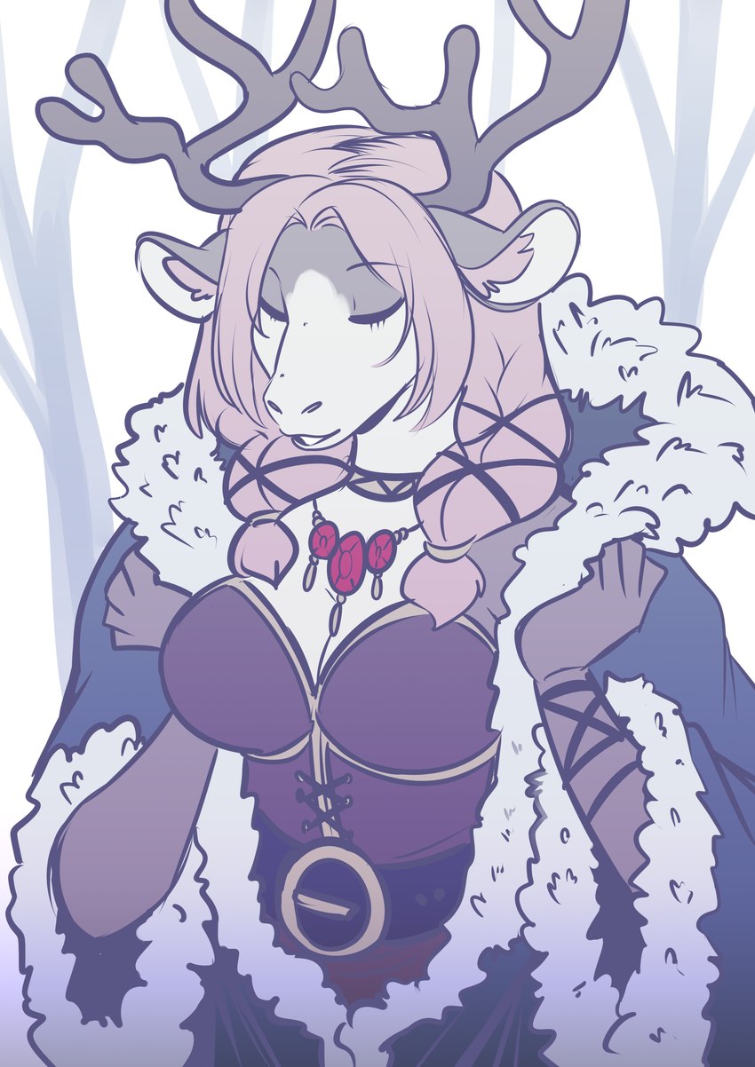 anthro antlers breasts clothed clothing eyes_closed female fingers hair horn solo cerealharem deer mammal new_world_deer reindeer absurd_res hi_res