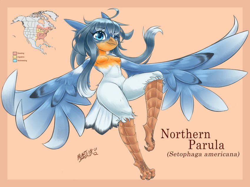 anthro avian_feet beak blue_body blue_feathers breasts feathered_wings feathers feet female front_view looking_at_viewer map multicolored_body nipples non-mammal_breasts nude one_eye_closed simple_background solo tail tail_feathers talons text toes wings wink yellow_body yellow_feathers blasticussaturn avian bird new_world_warbler northern_parula oscine passerine warbler 2021 absurd_res dated digital_media_(artwork) english_text hi_res signature