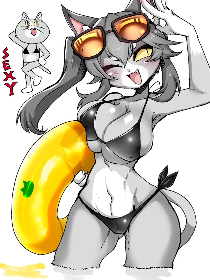 :3 anthro bikini biped blush breasts cleavage clothed clothing cute_fangs eyewear eyewear_on_head fangs female female_anthro floatie goggles goggles_on_head grey_arms grey_body grey_face inflatable kemono multicolored_body navel open_:3 open_mouth partially_submerged simple_background solo standing swimwear teeth text two-piece_swimsuit two_tone_arms two_tone_body two_tone_face white_background white_body white_face white_hands wide_hips yellow_sclera kamen_no_hito kumamine safety_cat genba_neko yoshida_(kamen_no_hito) domestic_cat felid feline felis mammal 3:4 english_text hi_res