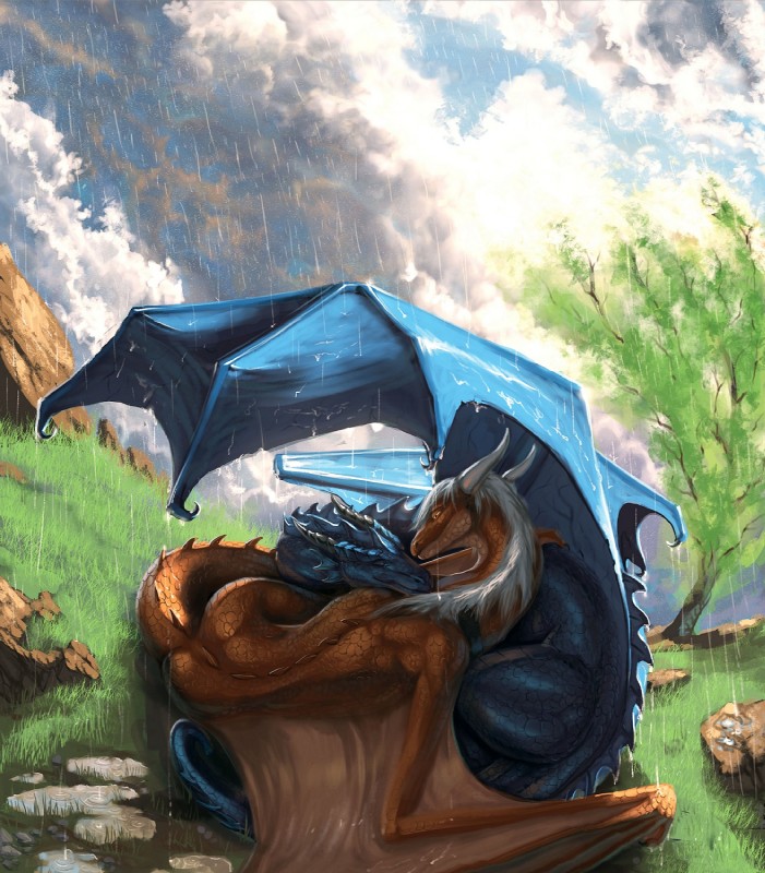 ambiguous_gender blue_body blue_scales cuddling day detailed_background detailed_scales duo eyes_closed feral gold_scales grass hair half-closed_eyes horn mane membrane_(anatomy) membranous_wings narrowed_eyes nude outside plant raining scales sky smooth_horn tail water white_hair wings yellow_eyes aaros mythology dragon mythological_creature mythological_scalie scalie 2015 detailed hi_res