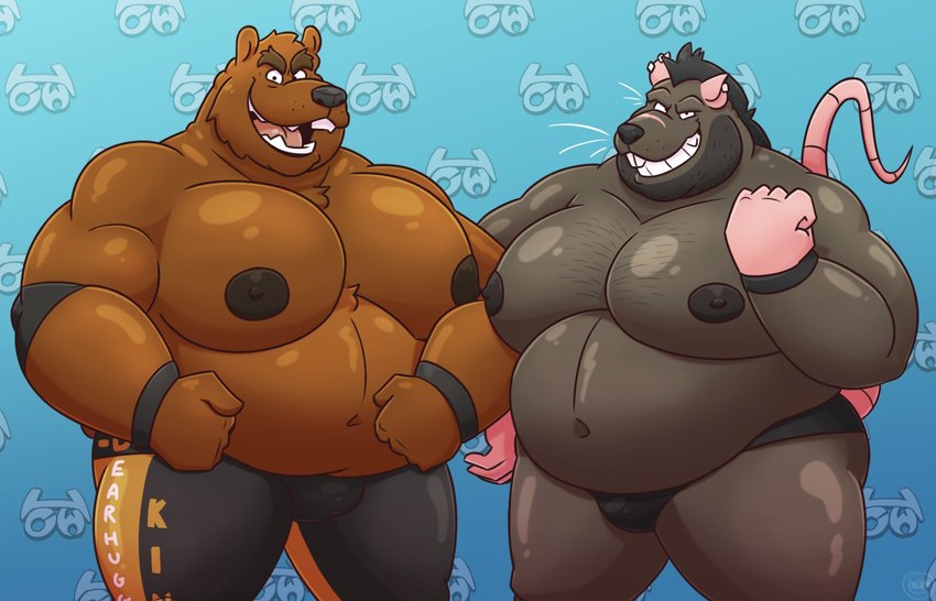 anthro beard big_pecs black_body black_nose bottomwear brown_body bulge clothing duo facial_hair humanoid_hands male musclegut muscular nipples overweight overweight_anthro overweight_male pants pecs underwear leothelionel ace_(houndgrey) bear mammal murid murine rat rodent 14:9 2022 hi_res