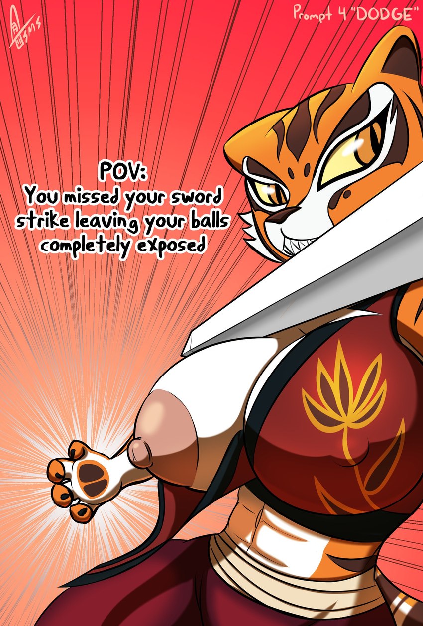 abs anthro areola assisted_exposure big_areola big_breasts big_nipples breasts brown_body brown_eyes brown_fur cheek_tuft clothing facial_tuft female fur huge_areola huge_nipples imminent_violence melee_weapon navel nipple_outline nipples one_breast_out orange_body orange_eyes orange_fur pink_areola pink_background pink_nipples pupils red_clothing red_topwear sharp_teeth simple_background slit_pupils solo speed_lines sword teeth text topwear torn_clothing tuft weapon white_body white_fur yellow_sclera supermoonshroom dreamworks kung_fu_panda master_tigress felid mammal pantherine tiger absurd_res hi_res meme