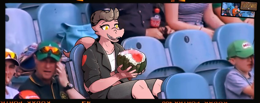 anthro clothing crop_top female food fruit jacket leather leather_clothing leather_jacket leather_topwear male melon open_mouth pink_body pink_skin plant shirt solo topwear watermelon yellow_eyes posspowered beatty_amarosa_(posspowered) kobold scalie hi_res meme