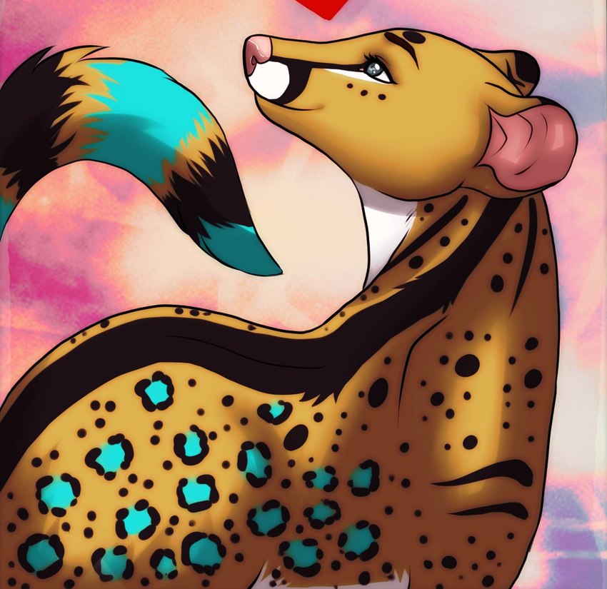 abstract_background ambiguous_gender black_spots blue_eyes blue_spots closed_smile feral glistening glistening_eyes mouth_closed pink_inner_ear pink_nose smile solo spots spotted_back spotted_neck white_body yellow_body demireality genet mammal viverrid hi_res