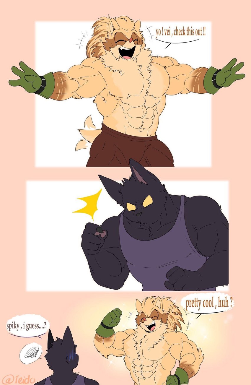 3_panel_comic 4_fingers alternate_form angry anthro anthro_on_anthro arm_markings arm_tuft asking asking_another belly belly_tuft belt belt_accessory big_deltoids big_eyes big_muscles big_pecs black_arms black_belt black_body black_chest black_claws black_ears black_face black_fingers black_fur black_hands black_neck black_nose border bottomwear brown_arms brown_body brown_bottomwear brown_clothing brown_face brown_fur brown_markings brown_pants brown_text cheek_tuft chest_tuft claws clothed clothed_anthro clothed_male clothing command command_to_look crossbar_emanata deltoids dialogue duo ear_tuft emanata empty_eyes excited exclamation_point eyes_closed facial_markings facial_tuft fingers forearm_muscles front_view frustration_cloud fully_clothed fully_clothed_anthro fully_clothed_male fur glare gloves green_clothing green_gloves green_handwear handwear happy head_markings head_tuft huge_deltoids huge_muscles huge_pecs humanoid_hands iconography leg_markings male male/male male_anthro manly markings mask motion_lines mouthless multicolored_body multicolored_fur muscular muscular_anthro muscular_arms muscular_male muscular_thighs name_drop name_in_dialogue neck_muscles neck_tuft open_mouth open_smile pants partial_line_speech_bubble pawpads pecs pink_inner_ear pink_nose pink_pawpads purple_clothing purple_shirt purple_tank_top purple_topwear quads question question_mark serratus shirt simple_background smile socks_(marking) sparkles sparkling_character speech_bubble standing tag_question tail tail_motion tail_tuft tailwag talking_to_another tan_arms tan_background tan_belly tan_body tan_border tan_chest tan_ears tan_face tan_fur tan_inner_ear tan_neck tan_tail tank_top text three-quarter_view topless topless_anthro topless_male topwear trapezius triceps tuft two_tone_arms two_tone_body two_tone_face two_tone_fur white_background yelling yellow_eyes heyimteedo league_of_legends riot_games sega sonic_the_hedgehog_(series) tencent teemo_(lol) veigar mammal yordle 2022 colored comic crossover digital_drawing_(artwork) digital_media_(artwork) english_text flat_colors hi_res signature