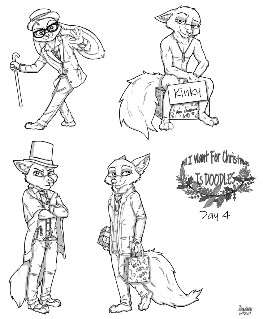 anthro clothing event eyewear glasses hat headgear headwear holidays male nude solo bad_guy_cafe christmas bat'_(batdusklycanroc3blr) lorian_(guardianlorian) ned_(anheledir) canid canine canis fox lagomorph leporid mammal rabbit wolf black_and_white censored hi_res monochrome