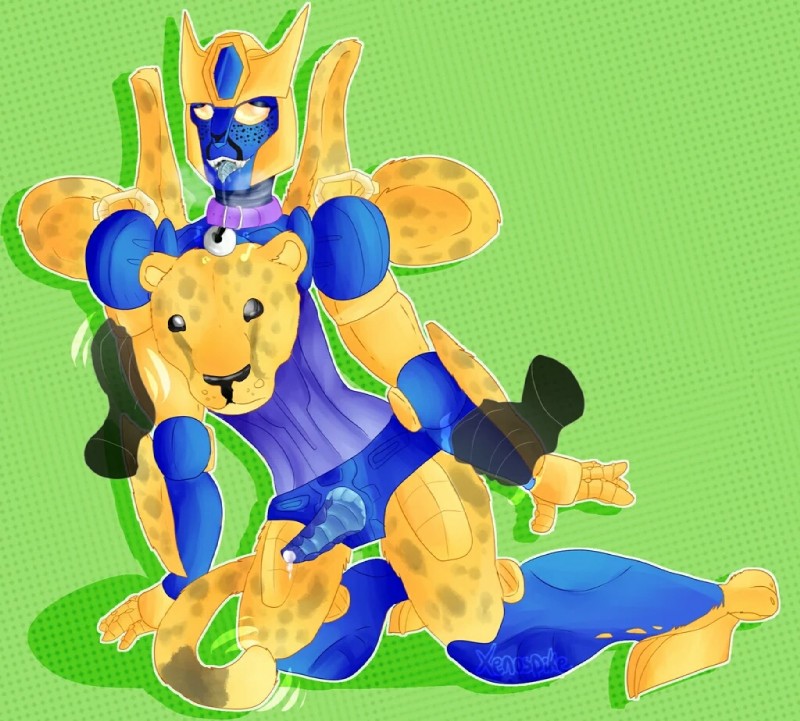 ambiguous_gender anthro bodily_fluids cum duo erection genital_fluids genitals green_background kneeling machine male pattern_background penis simple_background solo_focus tongue tongue_out xenospike hasbro takara_tomy transformers transformers:_beast_wars cheetor cheetah felid feline living_machine mammal robot 2015