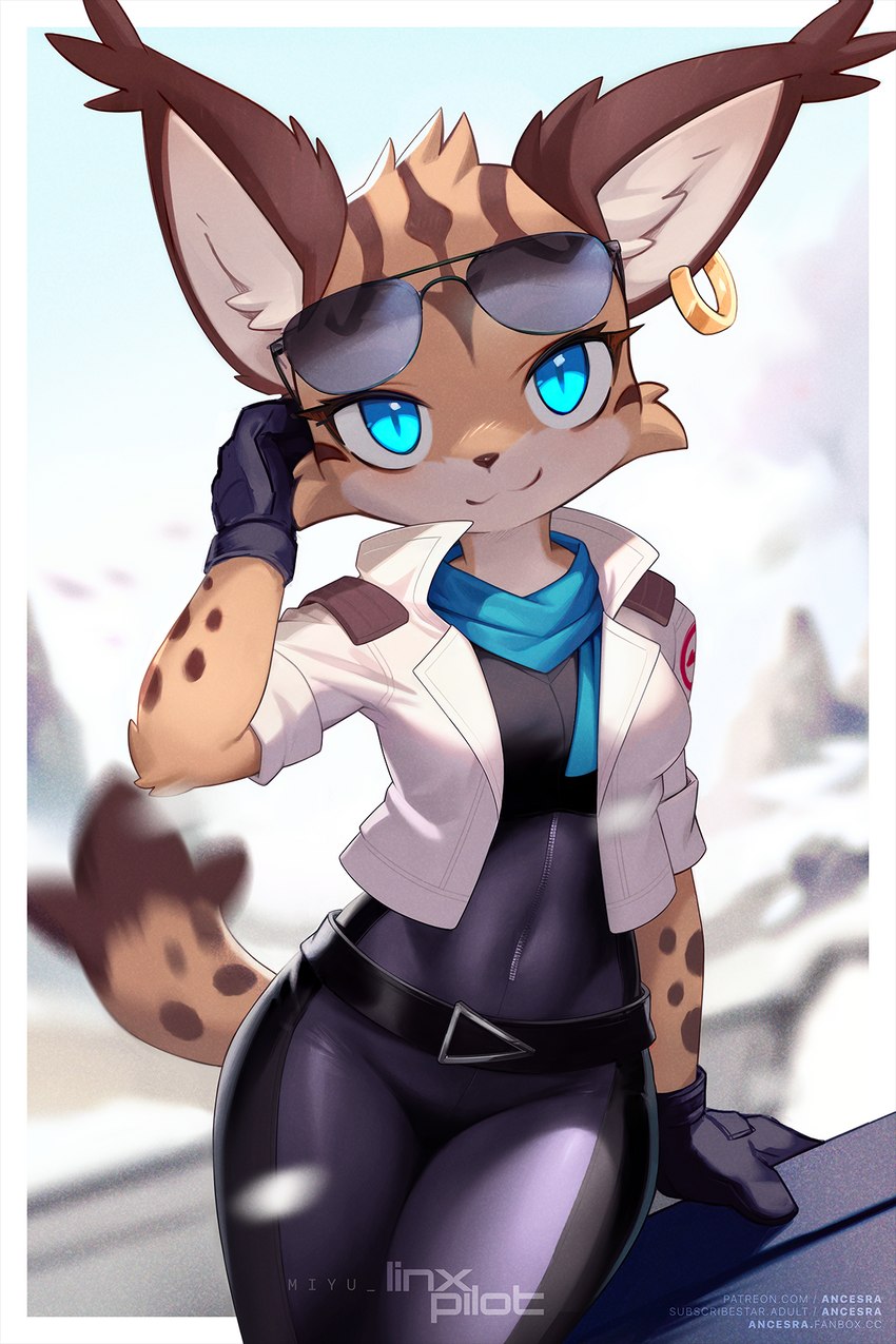 anthro arwing belt blue_eyes blue_scarf clothing ear_piercing ear_ring eyelashes eyewear eyewear_on_head female female_anthro fighter_plane flight_jacket fur gloves gold_(metal) gold_ear_ring gold_jewelry handwear inner_ear_fluff jewelry leaning_on_object leaning_on_vehicle logo looking_at_viewer markings piercing pilot ring_piercing scarf shoulder_pads smile smiling_at_viewer solo spacecraft spots spotted_body striped_body striped_fur striped_markings stripes sunglasses sunglasses_on_head text tight_clothing tuft vehicle ancesra nintendo star_fox miyu_(star_fox) felid feline lynx mammal 2023 2:3 digital_media_(artwork) hi_res url