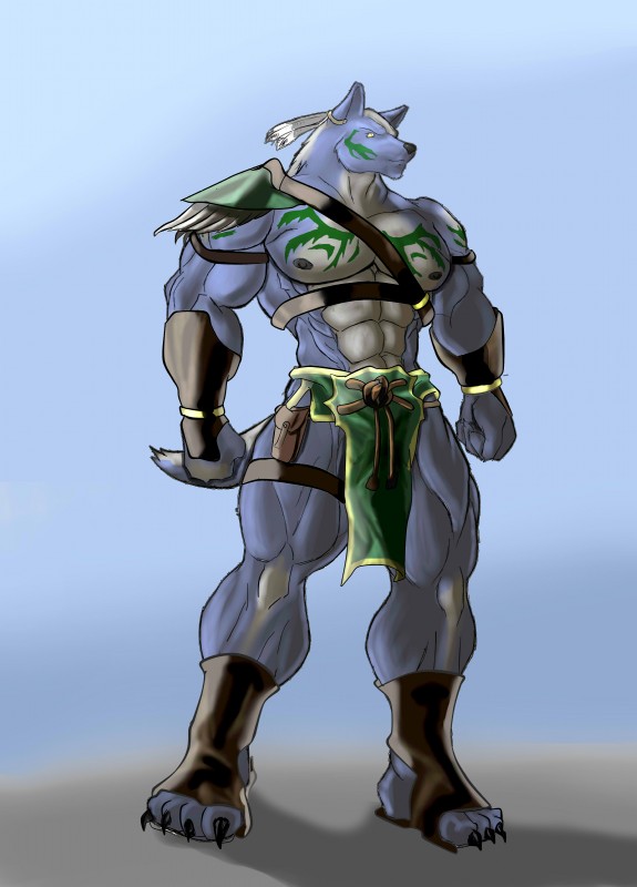 abs anthro armor biceps big_muscles biped black_nose blue_body blue_fur bottomwear claws clothed clothing fur grey_body grey_fur loincloth male muscular muscular_anthro muscular_male nipples pecs solo standing tattoo toe_claws topless yellow_eyes cyran shiyou canid canine canis mammal wolf absurd_res hi_res