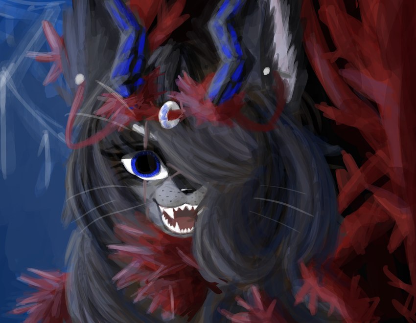 angry anthro black_hair black_horn blue_eyes blue_horn chair clothed clothing eye_scar facial_scar female fur furniture grey_body grey_fur hair horn insane lightning_bolt long_hair looking_at_viewer nails open_mouth red_scarf red_throne ring scar scarf simple_background smile solo storm teeth throne thunder tongue white_body white_fur crybitur limbus_company project_moon heathcliff_(limbus_company) suwyzid canid canine canis domestic_cat felid feline felis hybrid mammal wolf hi_res