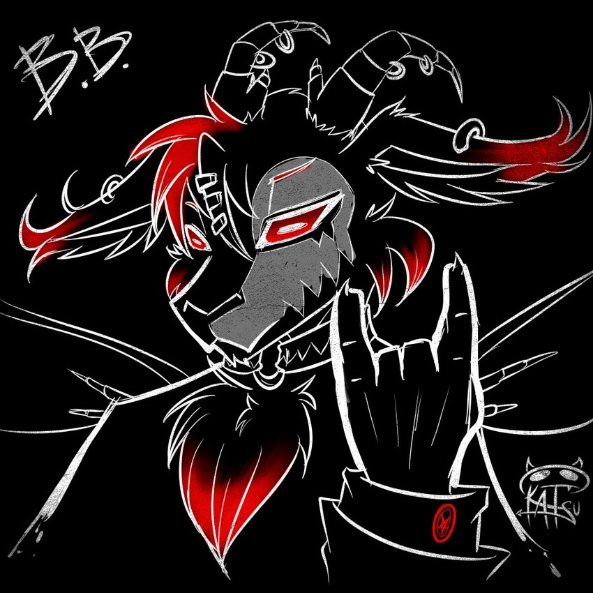 anthro arm_spikes back_spikes devil_horns_(gesture) ear_piercing ear_ring gesture hair hand_gesture looking_at_viewer male o-ring_collar piercing red_eyes red_hair ring_piercing shoulder_spikes solo spikes spikes_(anatomy) katsuke bovid caprine caprine_demon demon goat goat_demon mammal 1:1 black_and_red