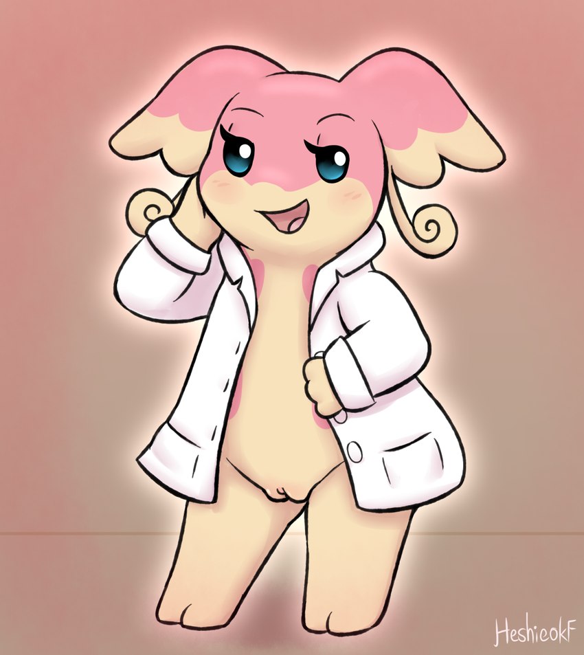 blush bottomless clothed clothing coat coat_only dress_shirt eyelashes female feral genitals open_clothing open_shirt open_topwear pussy shirt solo topwear topwear_only heshieokf nintendo pokemon audino generation_5_pokemon pokemon_(species) hi_res