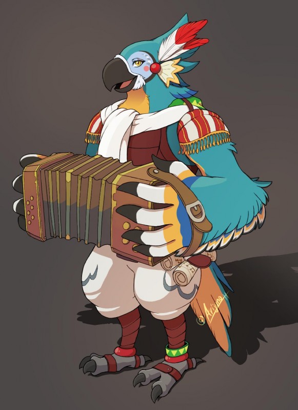 anthro bandoneon clothed clothing feathers holding_musical_instrument holding_object looking_at_viewer male multicolored_body multicolored_feathers musical_instrument open_mouth open_smile scarf simple_background smile solo standing yellow_eyes arijuno breath_of_the_wild nintendo the_legend_of_zelda kass_(tloz) avian rito 2019 full-length_portrait hi_res portrait