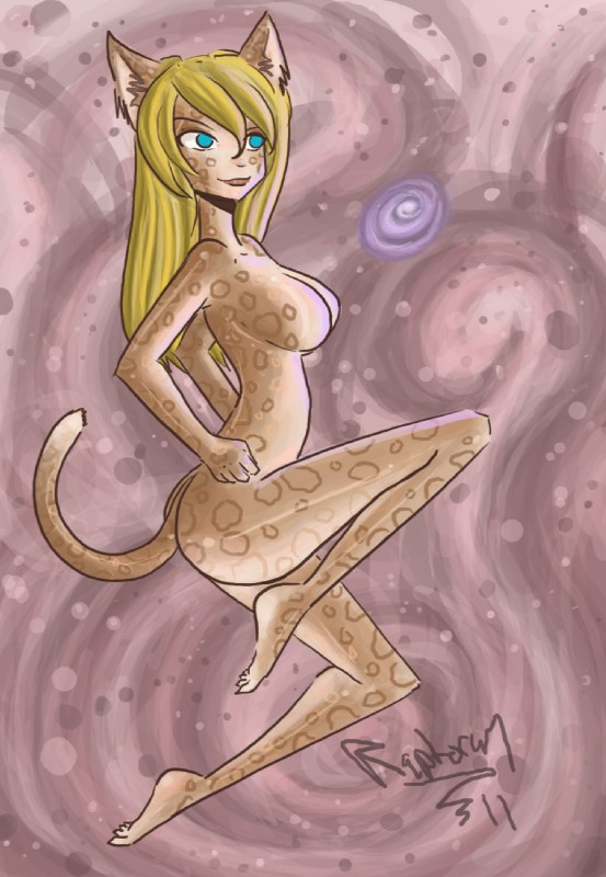 anthro blonde_hair breasts brown_body brown_fur female fur green_eyes hair magic nude pose raised_tail solo spots tail white_body white_fur raptor007 lalee felid mammal 2011 digital_media_(artwork) hi_res