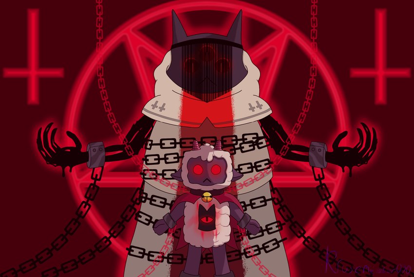 anthro bell bell_collar bound chain clothing collar cross crown cuff_(restraint) demonic duo fur glowing glowing_eyes grey_body headgear inverted_cross inverted_pentagram male male/male occult_symbol pentagram pupils red_background red_eyes restraints robe simple_background slit_pupils symbol veil wool_(fur) krusemeister030 cult_of_the_lamb massive_monster_(studio) lamb_(cult_of_the_lamb) narinder bovid caprine demon felid feline mammal sheep 2024 hi_res