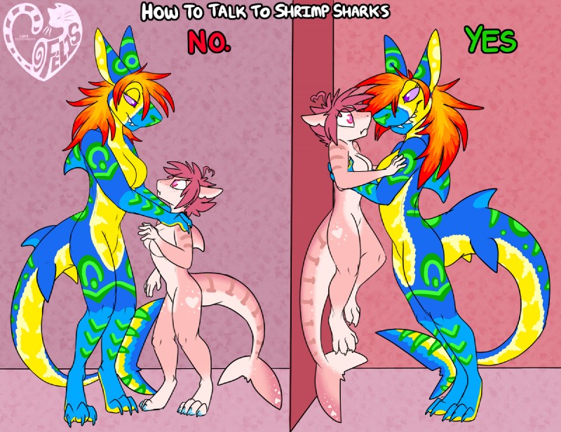 comparison duo female female/female hair lifted looking_at_another nude plantigrade size_difference text felisrandomis how_to_talk_to_short_people tall_woman_lifting_short_woman fiddlesticks shrimp_(uk_brony) fish marine shark digital_media_(artwork) meme