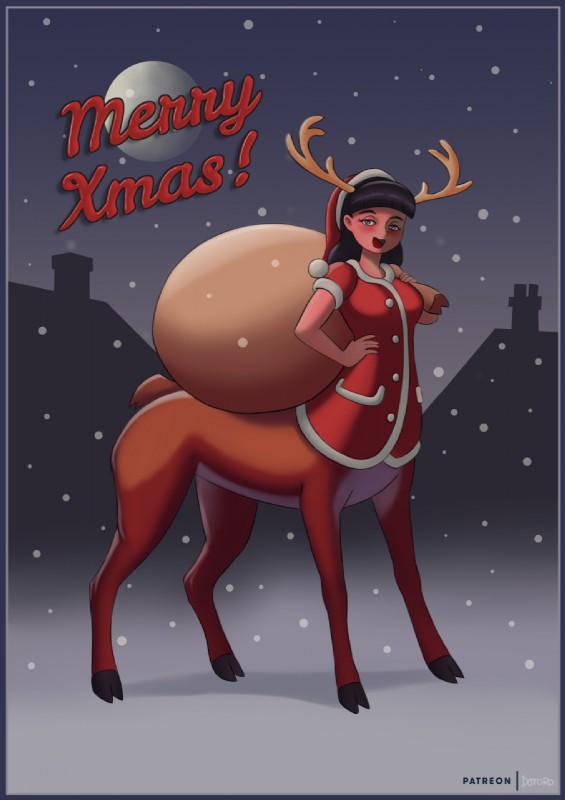 black_hair blue_border blush border christmas_clothing christmas_headwear clothed clothing female hair hat headgear headwear holidays hooves open_mouth santa_hat solo text dotoro_(artist) christmas deer deer_taur humanoid_taur mammal mammal_taur new_world_deer reindeer taur english_text hi_res