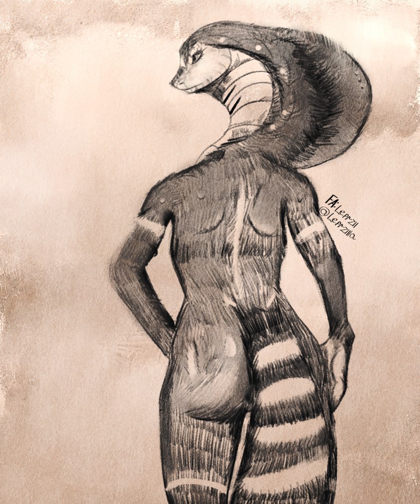 anthro biped black_body black_text butt eyelashes female fingers mouth_closed nude snake_hood solo standing tail text leprzil laura_(leprzil) cobra reptile scalie snake 2025 5:6 artist_name digital_media_(artwork) english_text hi_res