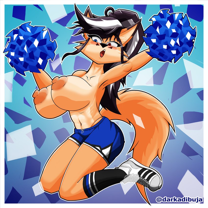 anthro big_breasts black_hair blue_eyes blush bottomwear breasts cheerleader cheerleader_outfit clothing female footwear fur hair legwear nipples orange_body orange_fur red_eyes shoes shorts sneakers solo stockings tail darkadibuja elizabeth_fox canid canine fox mammal 1:1 absurd_res hi_res