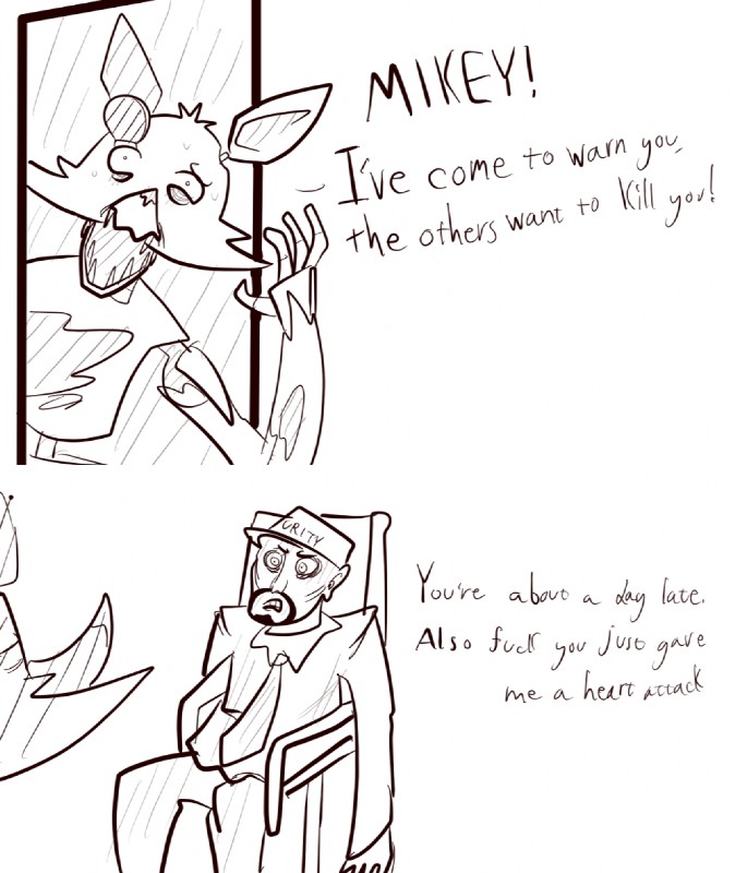 anthro clothing dialogue hat headgear headwear heart_attack machine male text unknown_artist five_nights_at_freddy's scottgames foxy_(fnaf) mike_schmidt animatronic canid canine fox human mammal robot english_text