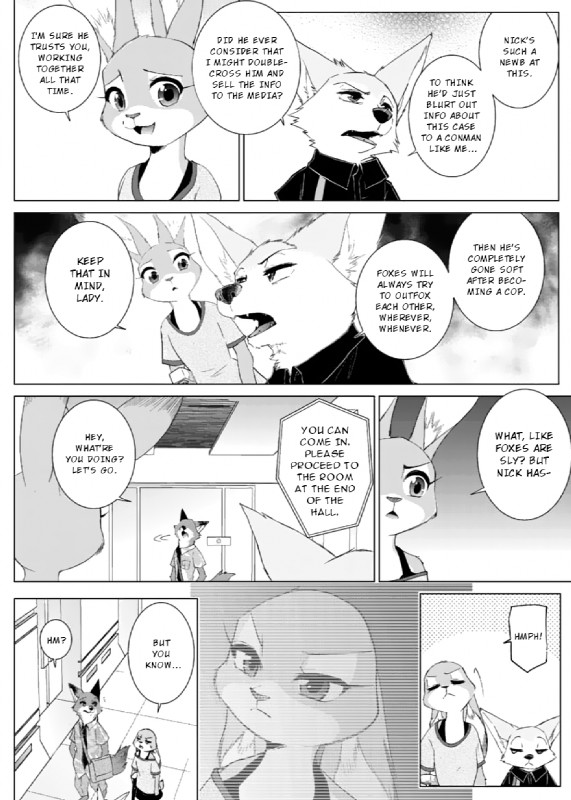 anthro clothing dialogue female fur male text namagakiokami disney zootopia finnick_(zootopia) judy_hopps nick_wilde canid canine fennec_fox fox lagomorph leporid mammal rabbit red_fox true_fox comic english_text hi_res monochrome