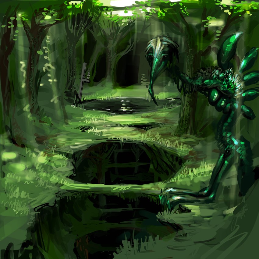 ambiguous_gender beak feral forest grass green_body green_skin leaf looking_at_viewer plant pond solo swamp tree unusual_anatomy water meandraco alien monster 1:1 hi_res