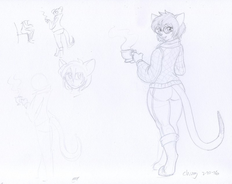 anthro bottomwear butt clothed clothing container cup digitigrade dipstick_tail eyewear female glasses hair looking_at_viewer markings multicolored_tail pants pose scarf short_hair simple_background smile solo standing sweater tail tail_markings tea_cup topwear white_background churgethoth cassie_gliese mammal mouse murid murine rodent hi_res sketch traditional_media_(artwork)