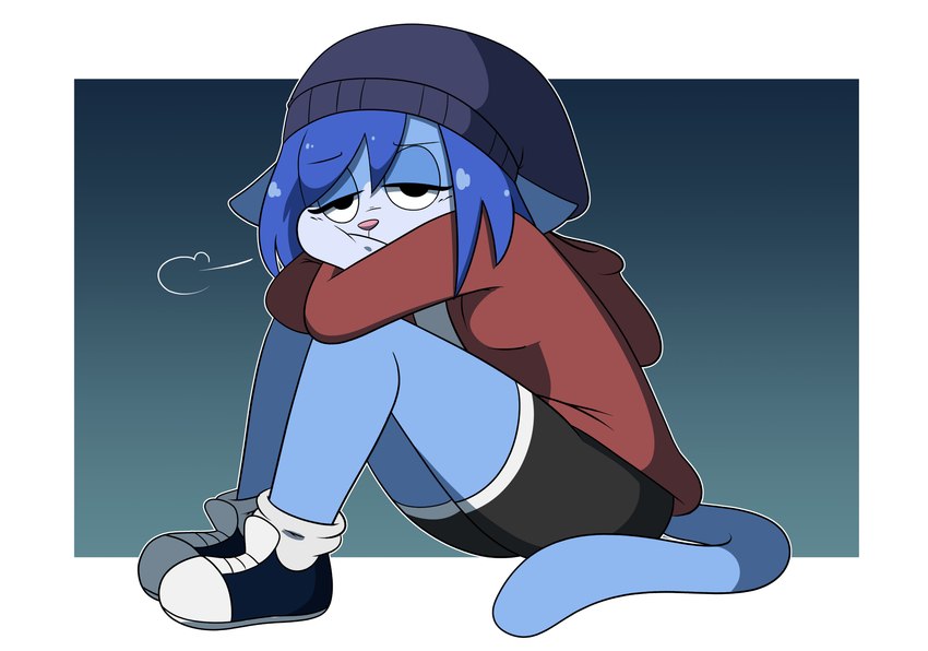 :t anthro bangs beanie bent_legs biped black_bottomwear black_clothing black_eyebrows black_eyes black_shorts black_sneakers blue_background blue_beanie blue_body blue_clothing blue_countershading blue_ears blue_fur blue_hair blue_hat blue_headwear blue_tail border bottomwear cat_tail clothed clothed_anthro clothed_female clothing countershade_face countershade_fur countershading crossed_arms ears_down eyebrow_through_hair eyebrows eyelashes female female_anthro footwear fur glistening glistening_hair gradient_background hair half-closed_eyes hat headgear headwear hoodie knees_pulled_up long_tail looking_at_viewer mouth_closed narrowed_eyes outline pink_nose pivoted_ears pointy_ears prick_ears red_clothing red_hoodie red_topwear sad shirt shorts side_view simple_background sitting socks solo tail topwear translucent translucent_hair white_border white_clothing white_footwear white_outline white_shirt white_socks white_topwear kabula_(artist) domestic_cat felid feline felis mammal 2023 absurd_res colored digital_drawing_(artwork) digital_media_(artwork) full-length_portrait hi_res portrait shaded simple_shading