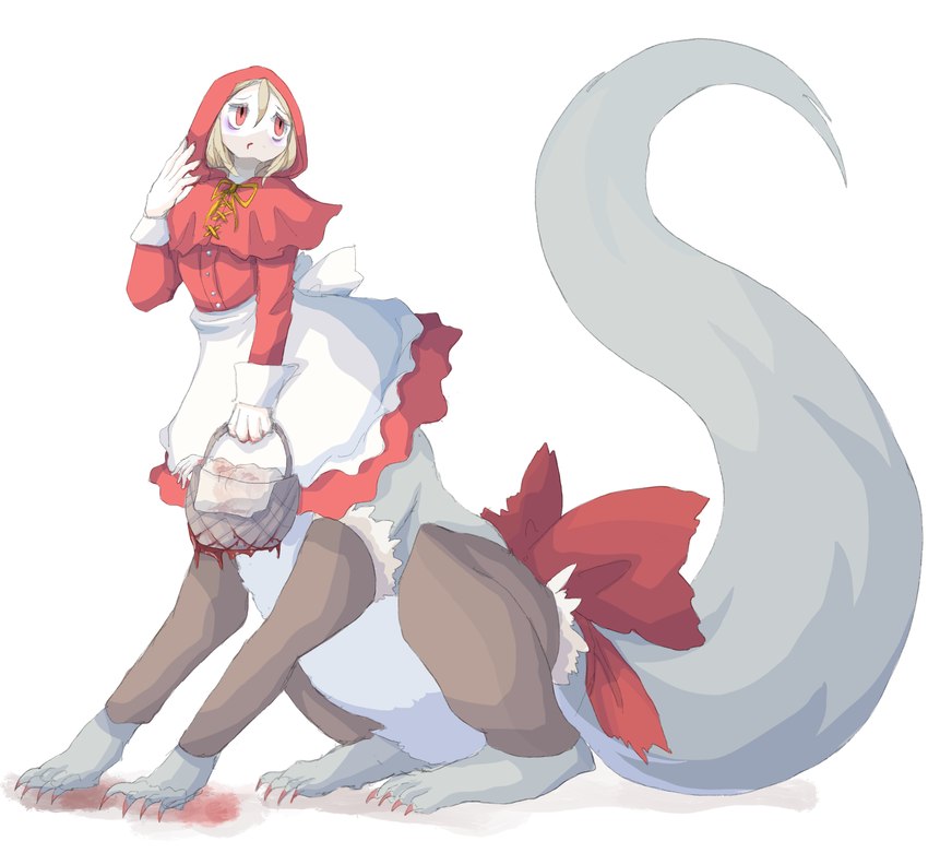 apron basket blonde_hair blood bodily_fluids claws clothed_taur clothing container dress female female_taur hair holding_basket holding_container holding_object looking_up red_clothing red_dress red_eyes red_hood red_ribbon simple_background solo white_apron white_background white_clothing whitechip fairy_tales little_red_riding_hood_(copyright) little_red_riding_hood canid canid_taur canine canine_taur canis mammal mammal_taur taur wolf wolf_taur 2023 hi_res