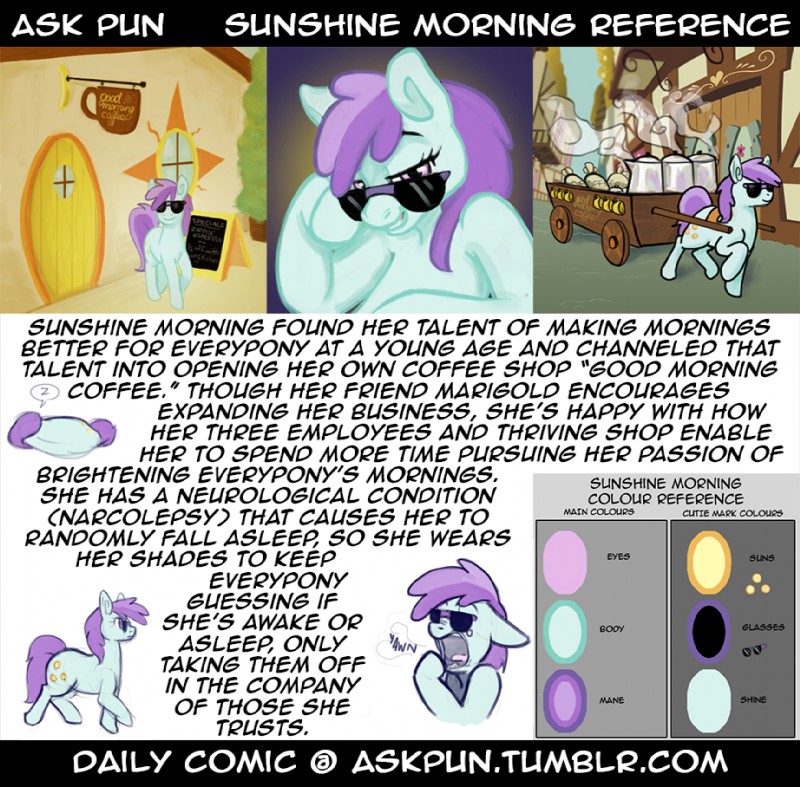 beverage cart coffee eyewear female feral food narcolepsy quadruped solo sunglasses tail text unknown_artist ask_pun hasbro my_little_pony sunshine_morning_(mlp) equid equine horse mammal pony english_text model_sheet