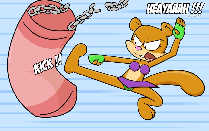 anthro athletic chain clothed clothing female gloves handwear karate kick open_mouth punching_bag solo spread_legs spreading swimwear tail text yelling 8horns nickelodeon spongebob_squarepants sandy_cheeks mammal rodent sciurid tree_squirrel 16:10 2008 absurd_res english_text hi_res widescreen