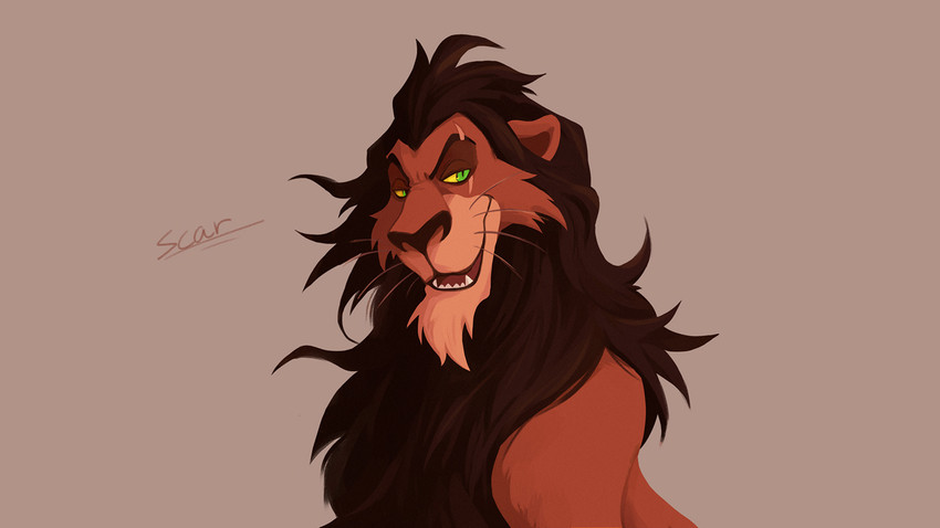 brown_body brown_fur brown_mane eye_scar facial_scar feral fur green_eyes male mane open_mouth scar simple_background solo teeth whiskers lowerkuo disney the_lion_king scar_(the_lion_king) felid lion mammal pantherine 16:9 half-length_portrait portrait widescreen