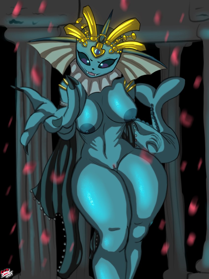 anthro areola beckoning belly_dance blue_areola blue_body blue_eyes blue_nipples blue_sclera blue_skin breasts crown dancing dark_sclera ear_fins ear_frill fangs female fin fin_frill frill_(anatomy) genitals gesture glowing glowing_eyes gold_(metal) gold_crown gold_jewelry hand_outstretched headgear jewelry looking_at_viewer night nipples nude nude_anthro offering_hand offering_to_viewer petals pillar pussy queen royalty scales seducing_viewer seductive smile smiling_at_viewer solo tail teeth thick_thighs wide_hips drow462 nintendo pokemon queen_of_the_damned akasha_(queen_of_the_damned) eeveelution generation_1_pokemon marine pokemon_(species) vampire vaporeon 3:4 hi_res