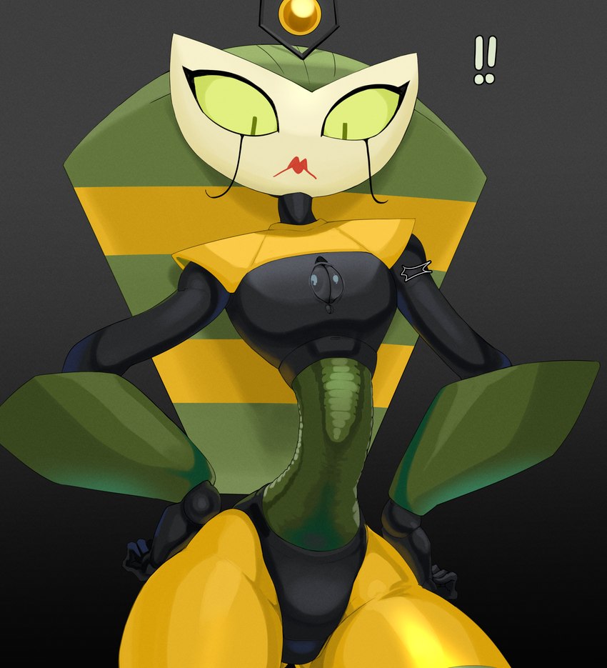 black_body breasts cleavage clothed clothing exclamation_point female green_body green_eyes machine multicolored_body not_furry simple_background solo topwear torn_clothing torn_topwear yellow_body mdthetest my_life_as_a_teenage_robot nickelodeon vexus alien alien_humanoid humanoid robot 2024 hi_res