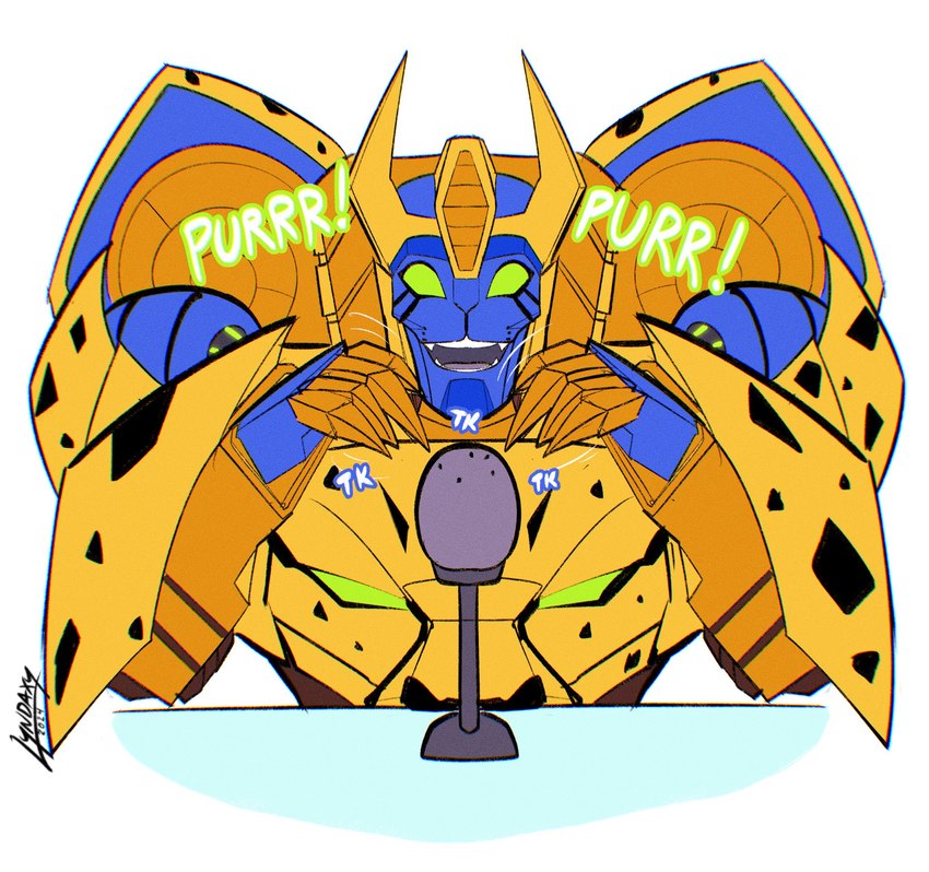 anthro asmr claws cute_fangs desk electronics fangs furniture green_eyes machine male markings microphone purring solo spots spotted_body table teeth text lyndaxyart hasbro takara_tomy transformers transformers:_beast_wars transformers:cyberverse cheetor cheetah cybertronian felid feline humanoid mammal robot hi_res