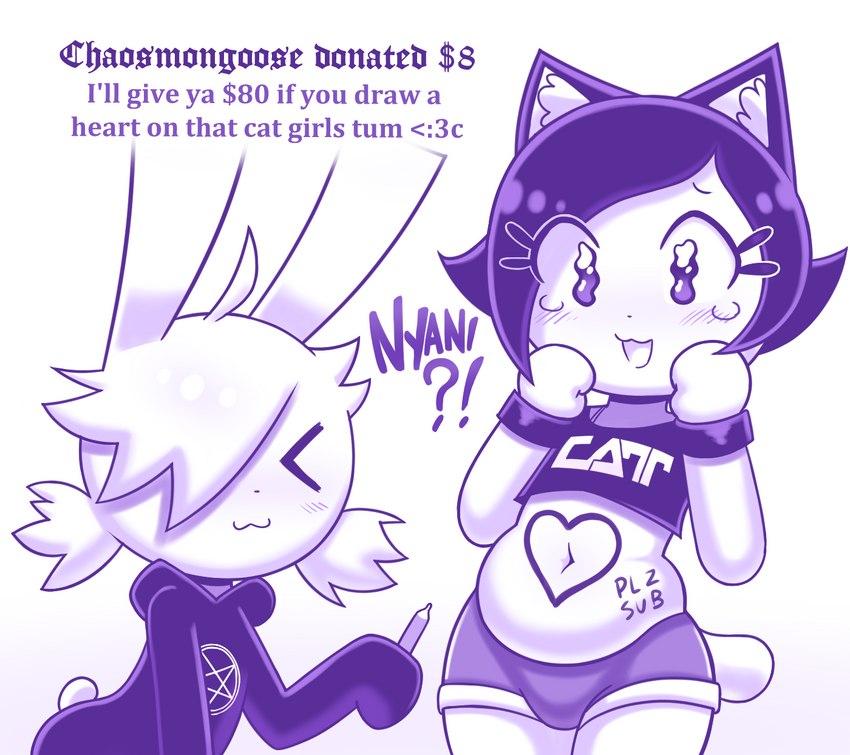 :3 :3c <:3 >_< >w< ?! belly blush bodily_fluids body_writing bottomwear cat_smile clothed clothing crop_top crying currency_amount currency_symbol dollar_sign donation donation_alert donation_message drawing_on_body duo emoticon eyelashes eyes_closed female hair hair_over_eye heart_body_writing heart_on_body heart_symbol heart_writing holding_object holding_pen holding_writing_utensil hoodie hotpants instruction instruction_on_body message minishorts navel number occult_symbol one_eye_obstructed open_:3 pen pentacle pentagram shirt shorts smile species_name_in_message stream_chat symbol tears tears_of_joy text text_on_body topwear uwu watery_eyes writing_on_belly writing_utensil disfigure annie_(disfigure/rafielo) garcia domestic_cat felid feline felis lagomorph leporid mammal rabbit 2023 english_text hi_res